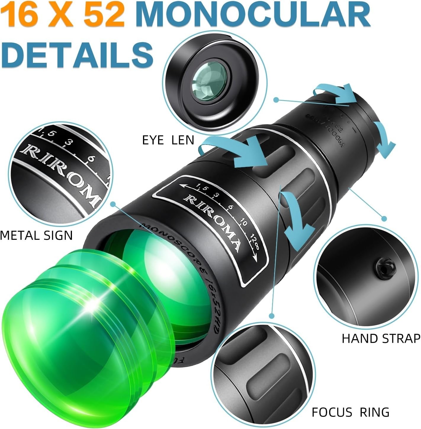Riroma 16x52 HD Monocular Telescope Zoom Scope for Hiking Birdwatching Travel