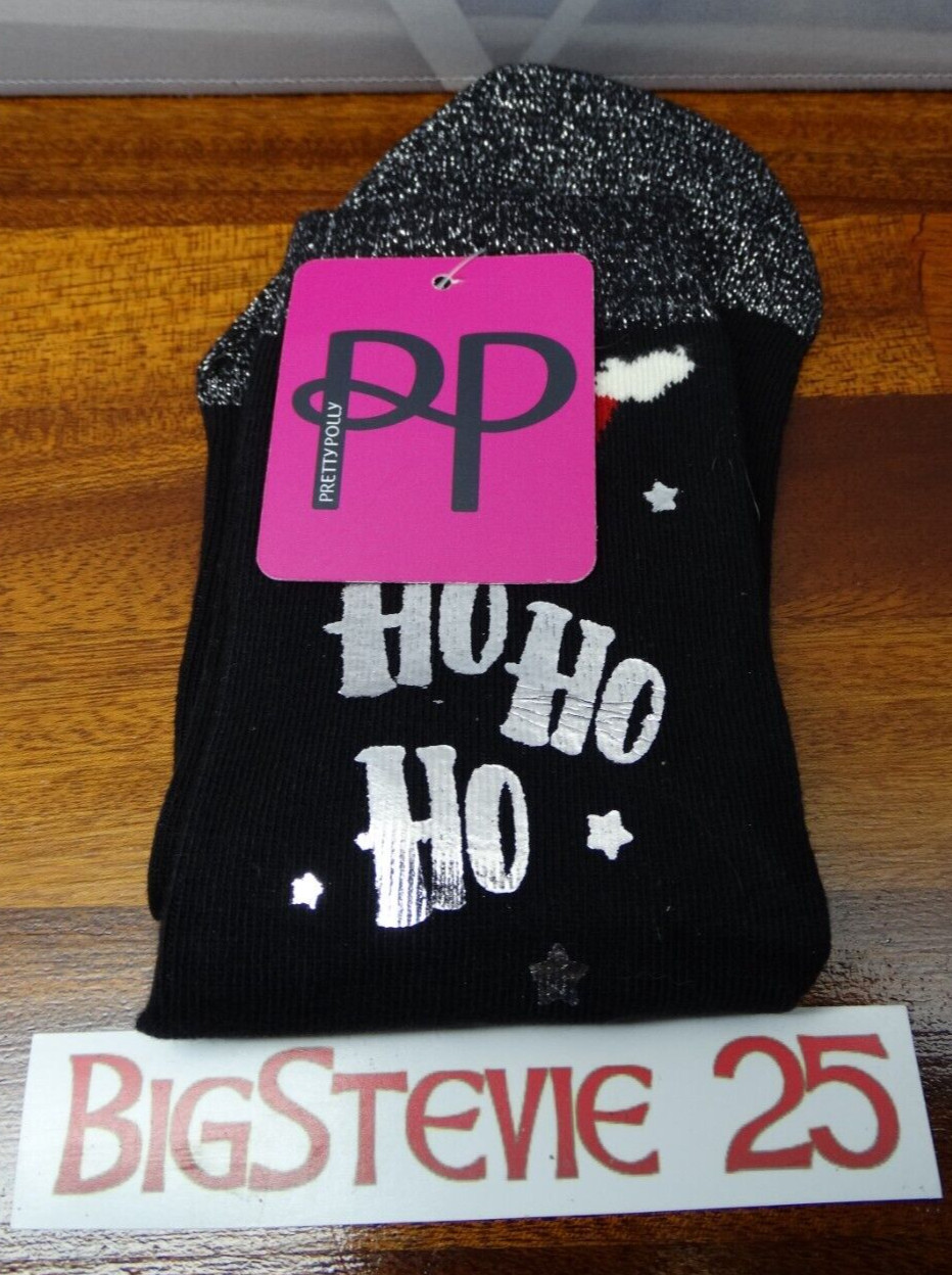 Pretty Polly Christmas Ho Ho Ho Socks Black / Silver 1 Size FREE P&P