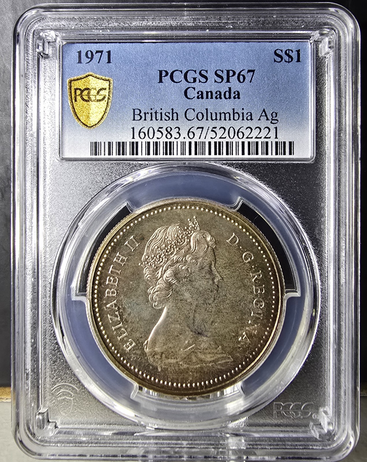 1971 $1 Canada British Columbia Centennial Silver Dollar PCGS SP 67 | Toned