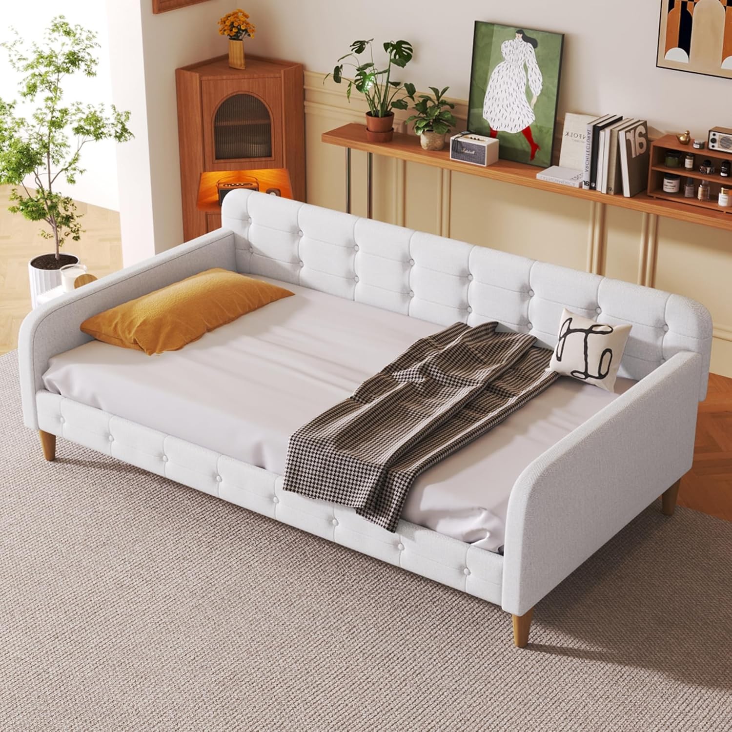Twin Size Upholstered Daybed W/ 4 Support Legs Linen Sofa Bed Frame W/ Button