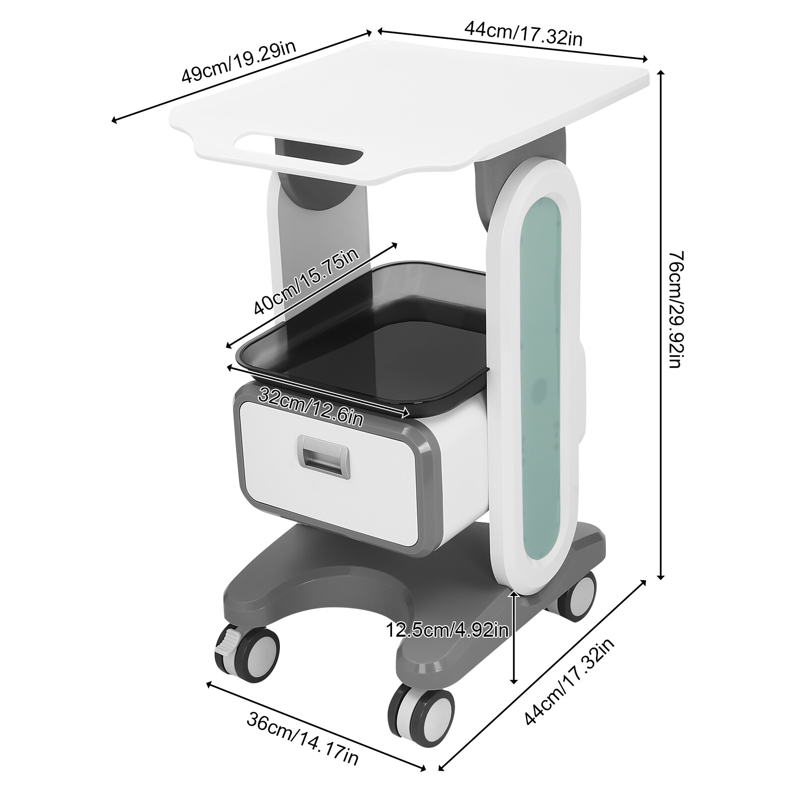Mobile Medical Trolley Cart Rolling Cart w/ 1 Drawer & 2 Tray 4* Universal Wheel
