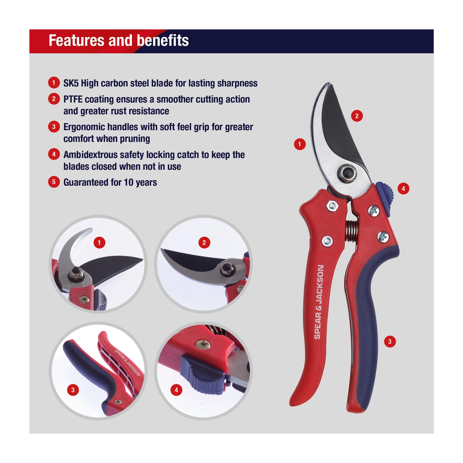 Spear & Jackson Razorsharp Bypass Pruning Shears, Pruner, Red & Blue