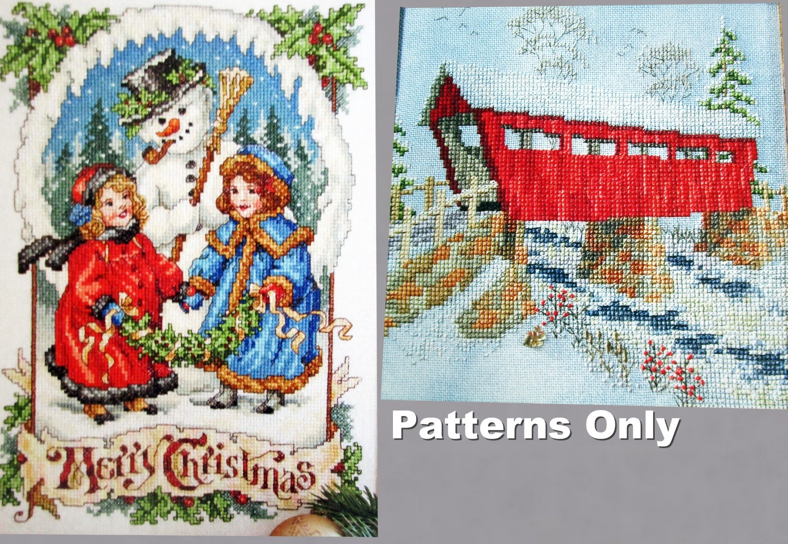 Victorian Snowman Misses Country Covered Snowy Red Bridge CROSS STITCH PATTERNS