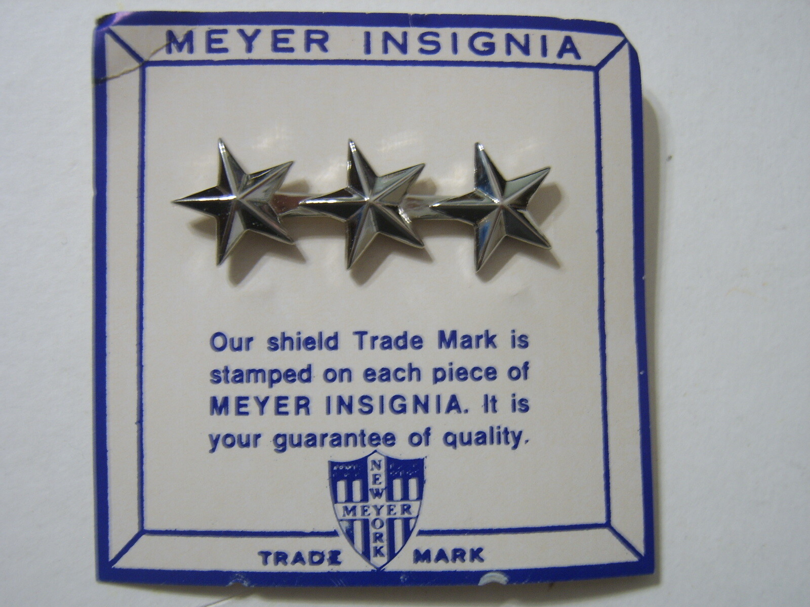 3 STAR LIEUTENANT GENERAL RANK INSIGNIA ON VINTAGE MEYER INSIGNIA CARD :KY22-3