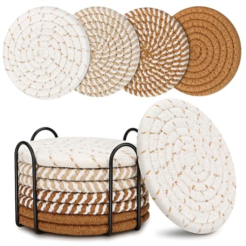 Coasters for Drinks, Coasters Set of 4 - Color, 8 Pack Coaster Set, Boho Brown