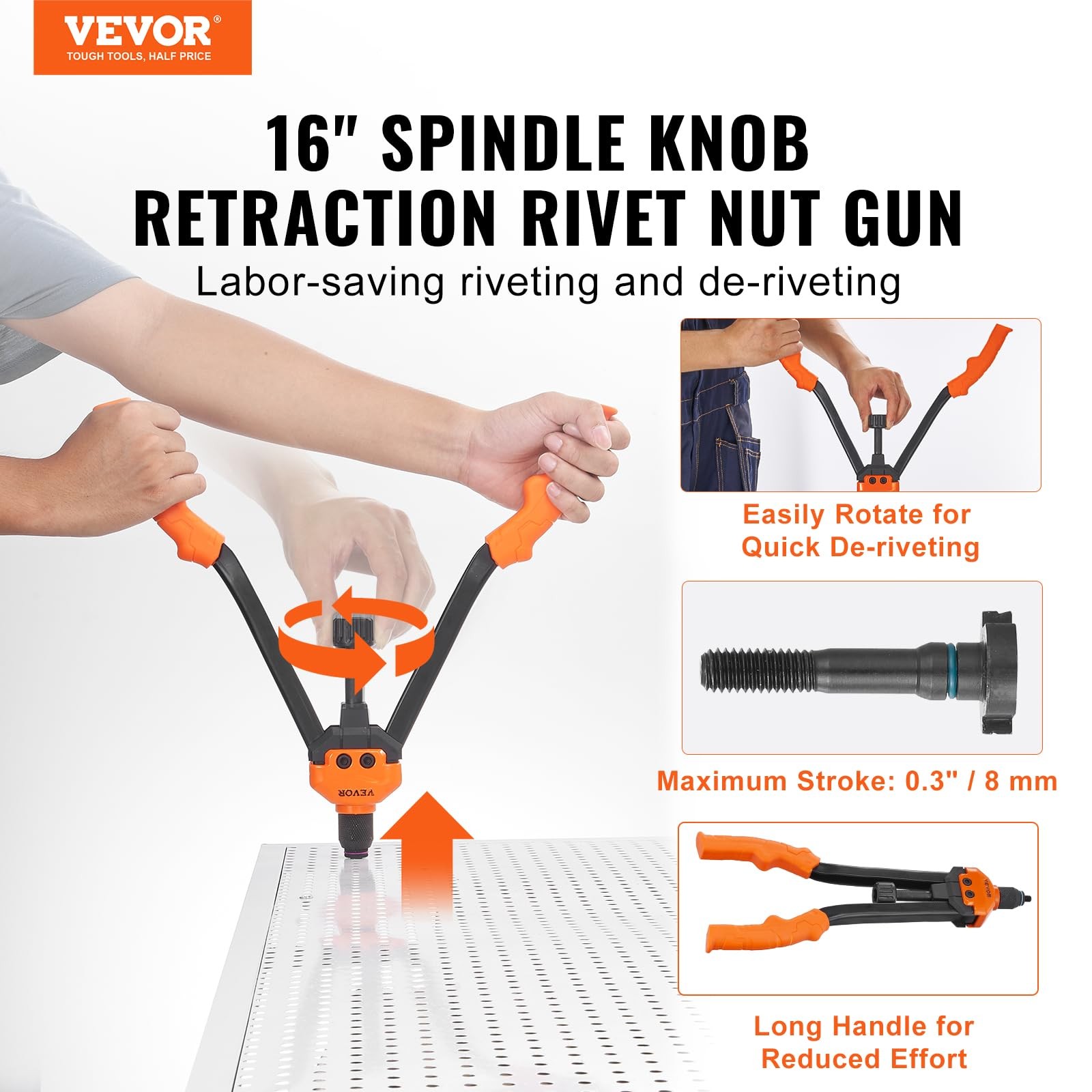 VEVOR 16" Rivet Nut Tool, Labor-Saving Rivnut Tool Kit 16", Orange & Black