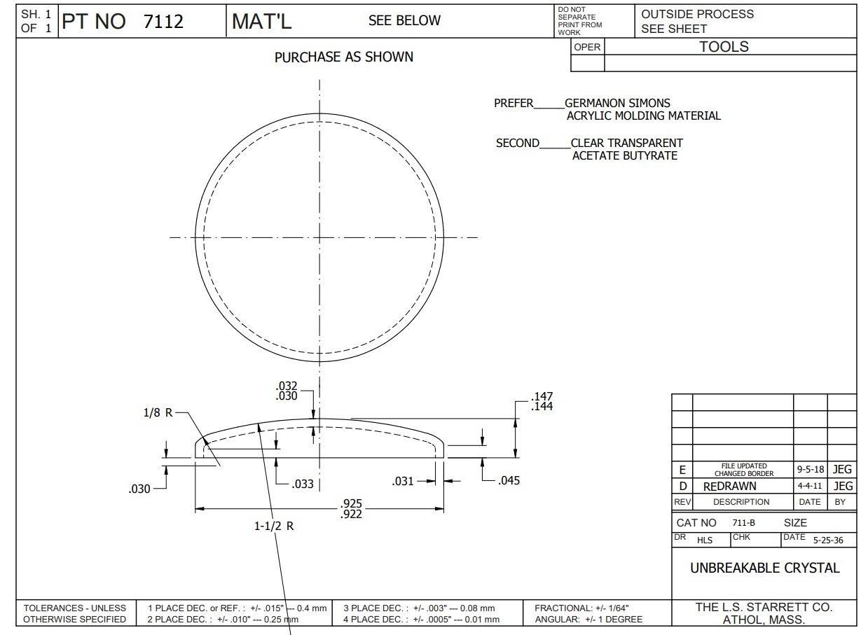 Starrett PT07112 Crystal ONLY for 711 Series Indicators