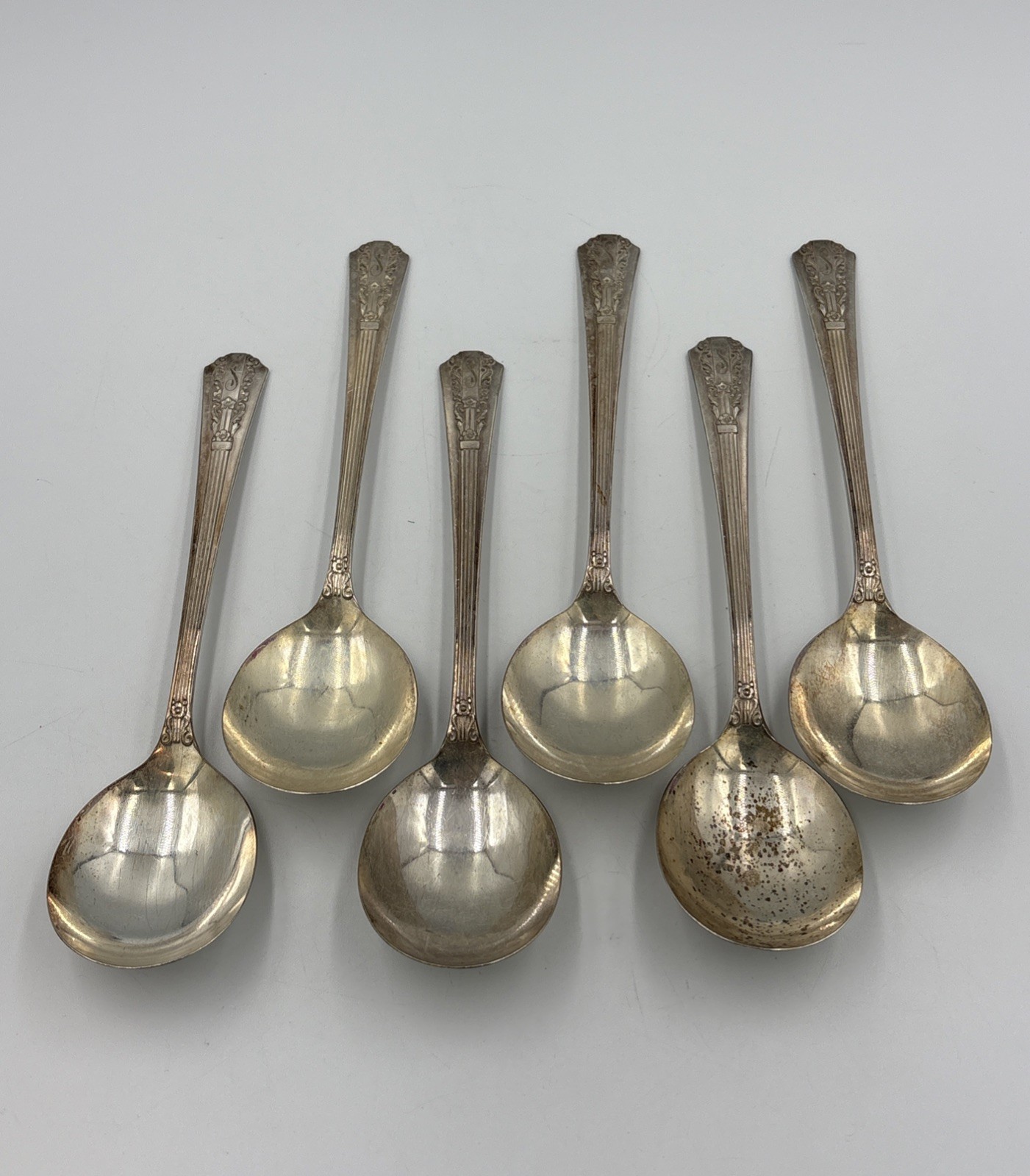 (6) 1938 Wm Rogers LIDO Silverplate 7" ROUND BOWL (GUMBO) SOUP SPOONS Mono “S”