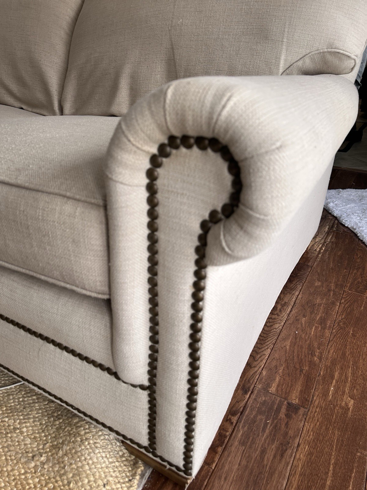 Beige Linen Blend Sofa 3-Seater Round Arms Nailhead Trim Removable Cushions