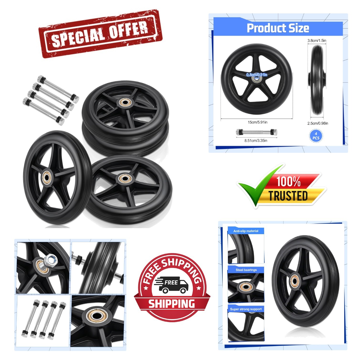 Set of 4 Replacement 6-Inch Walker Wheels for Seniors & Elderly Devices