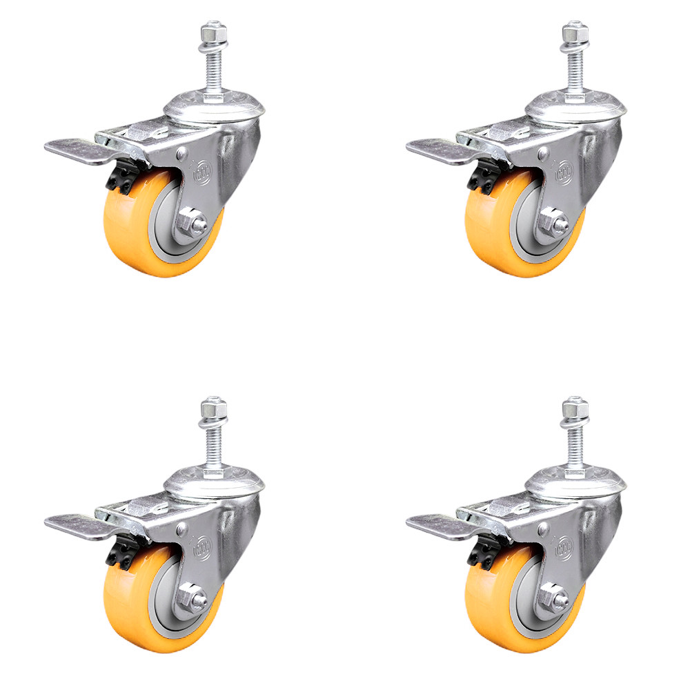 3.5 Inch Yellow Polyurethane Swivel 10mm Stem Caster Set with Total Lock Brake