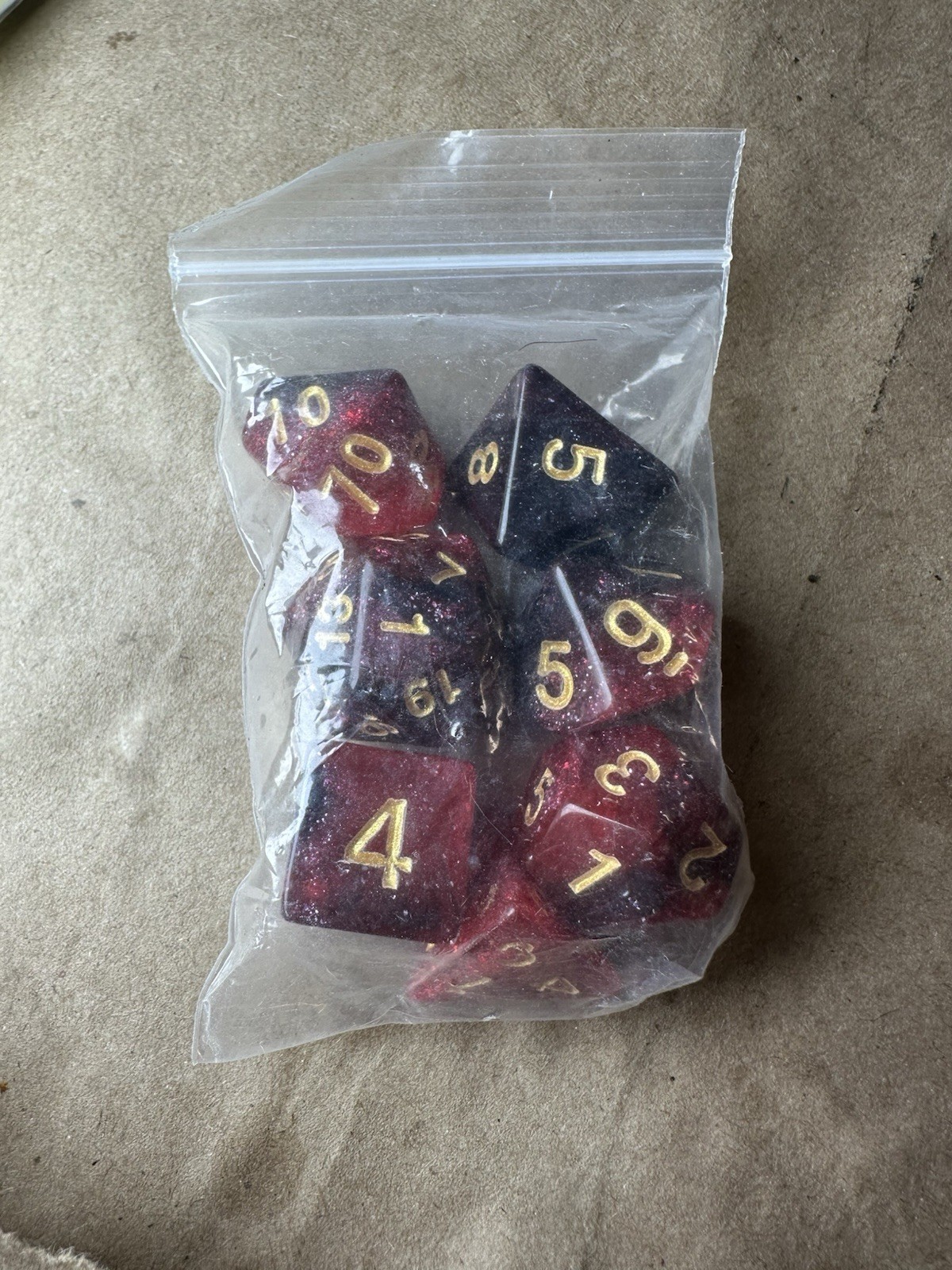 7 Piece Deep Red Shimmer Polyhedral Dice Set w/ Burgundy Dice Bag - RPG