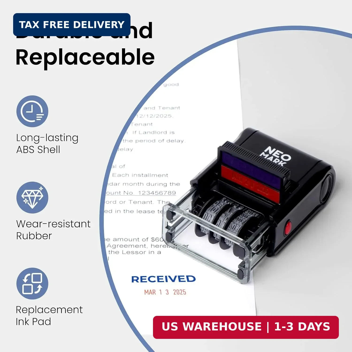 Self-Inking Received Date Stamp, 12-Year Adjustable Dater | Extra Replacement Pa