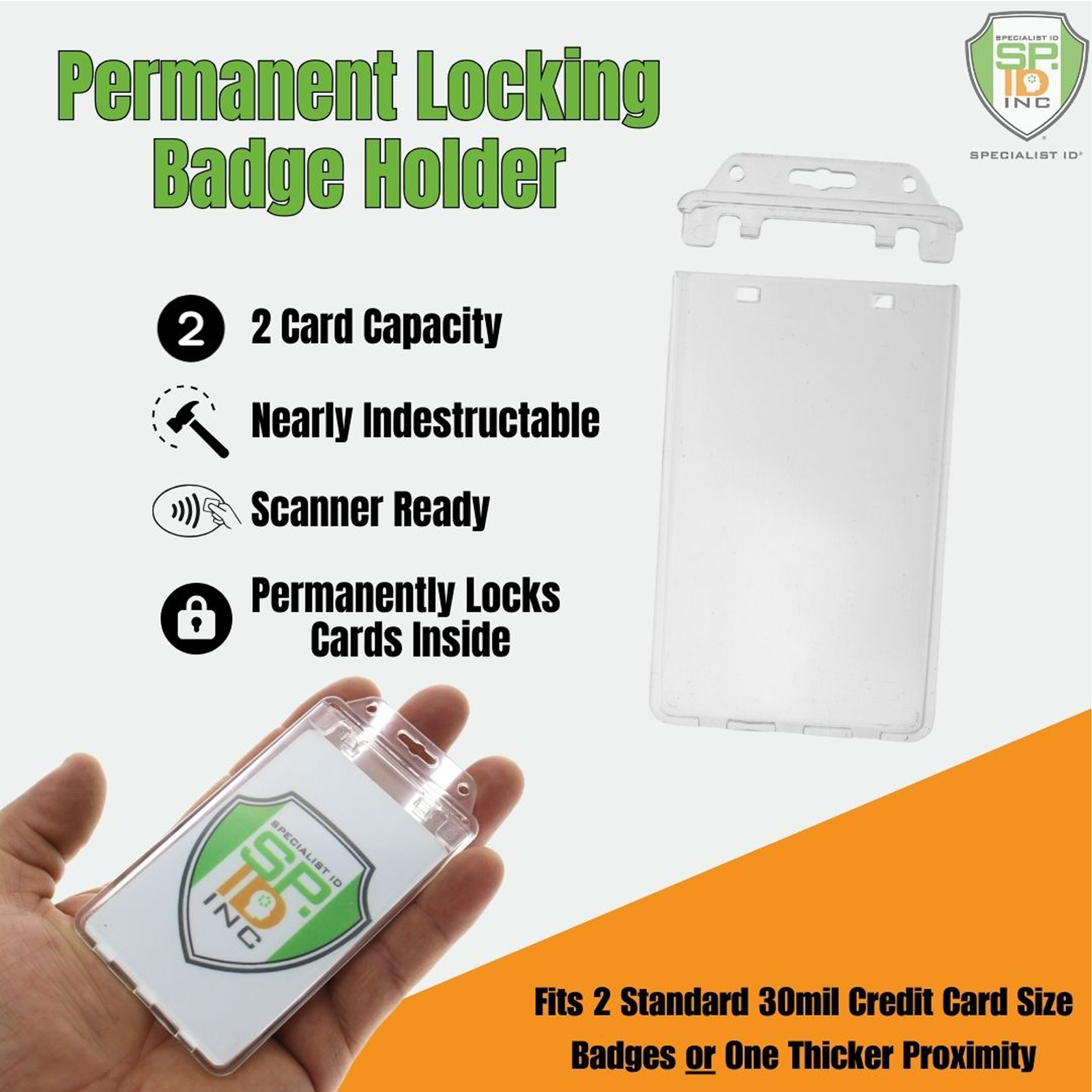 2 Specialist ID Permanent Locking Hard Plastic Badge Holders - Clear & Vertical