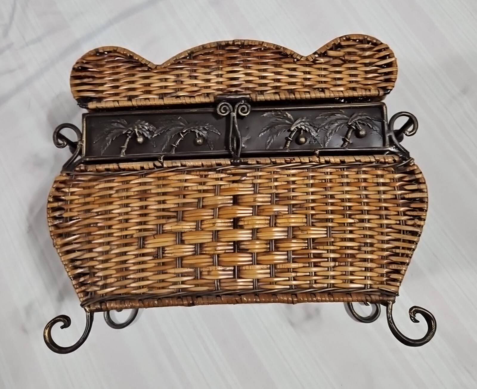Vintage Brown Woven Wicker Basket With Wrought Iron Legs & Handles