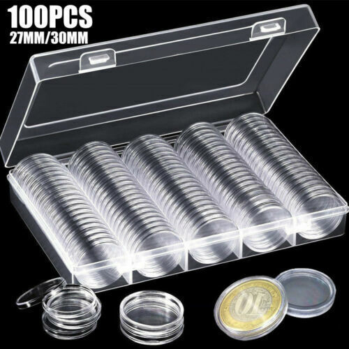 Coinns Holder Cases， 100Pcs Clear Plastic Round Capsules 30mm 27mm