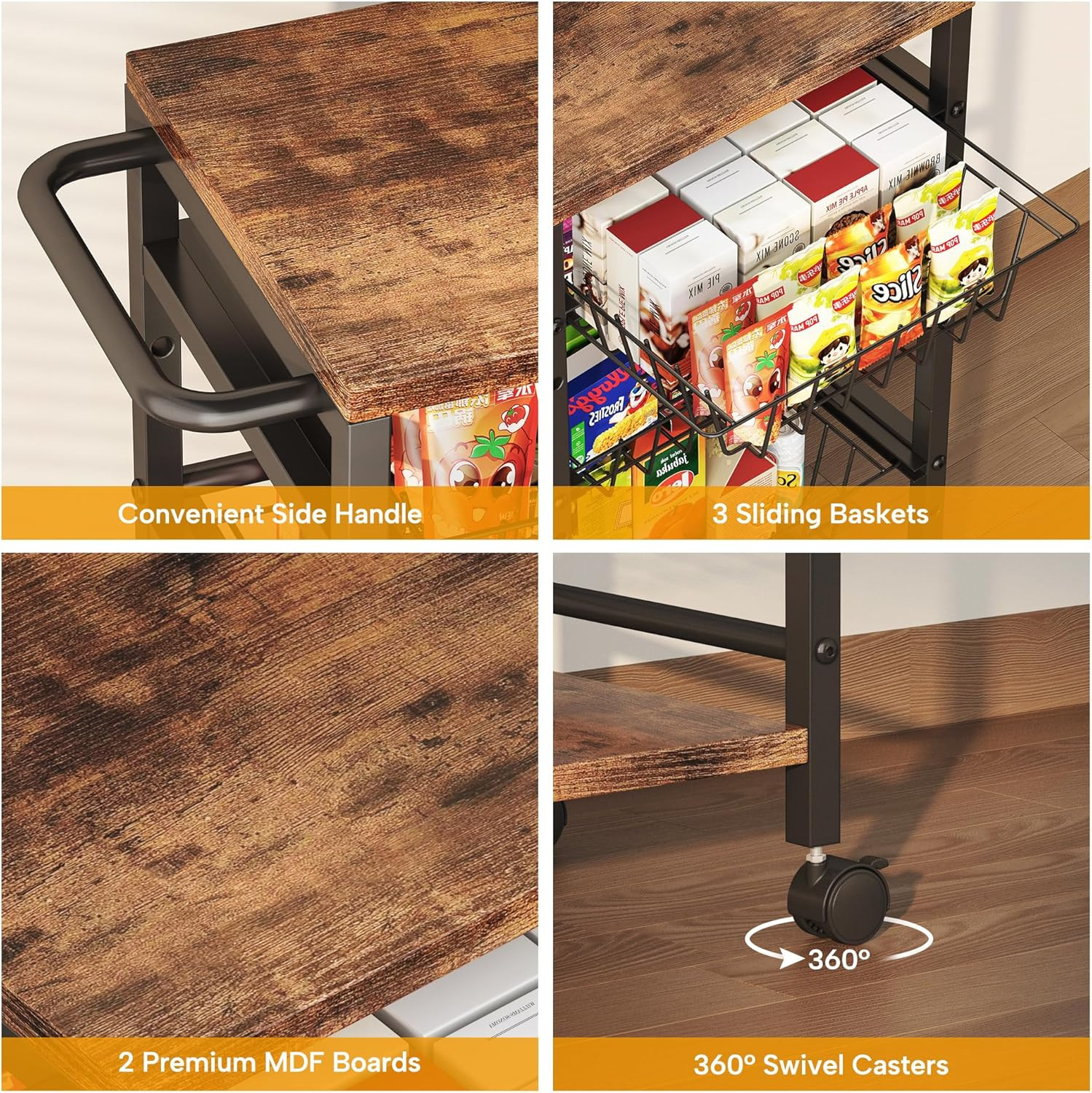 5-Tier Snack Organizer Cart with 3 Height Adjustable Pull-Out Baskets and 2 Stor