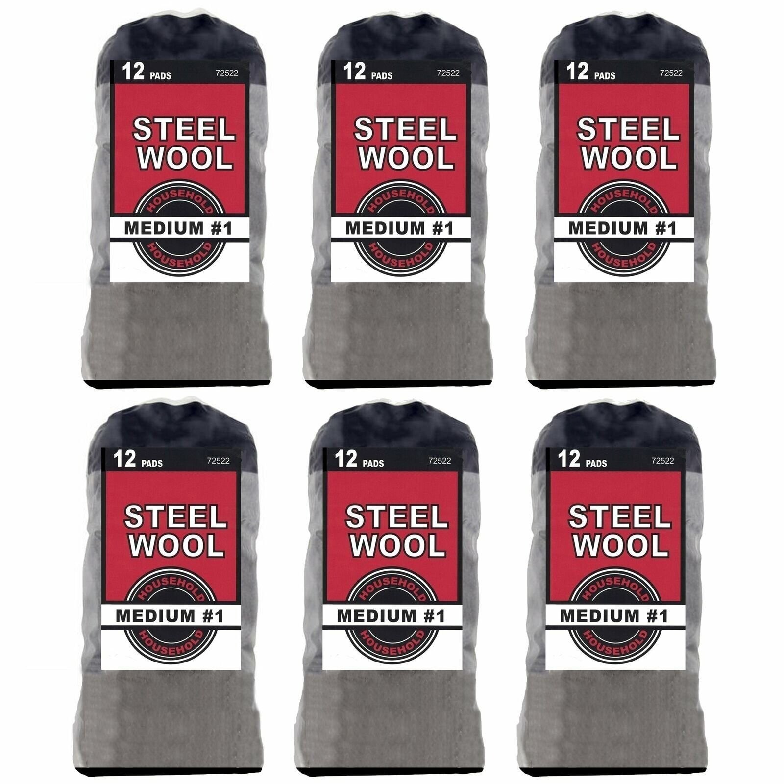 6x Household Steel Wool 12 Pads, Medium Grade #1 (6 Bags of 12 Pads, Total 72)