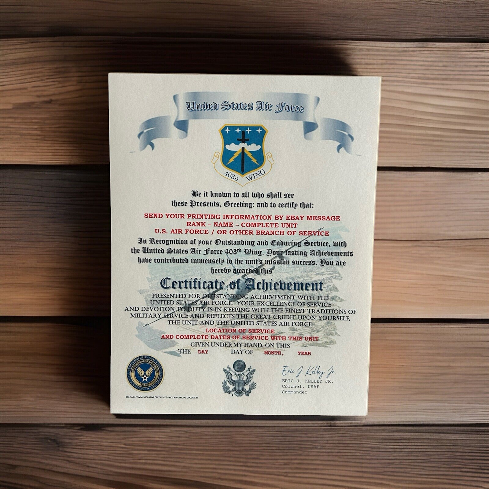 U.S.A.F. / AIR FORCE 403RD WING - CERTIFICATE OF ACHIEVEMENT