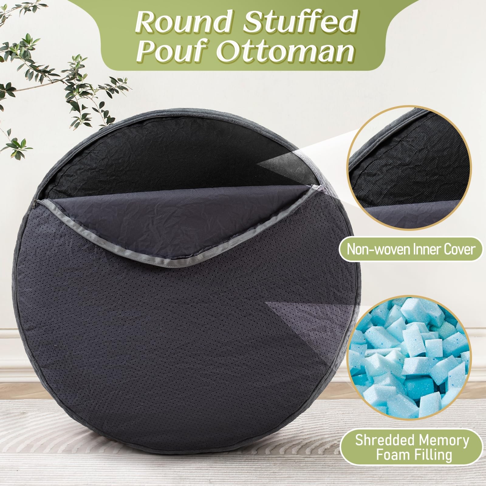 Round Corduroy Ottoman Foot Rest Pouf for Living Room Couch - Soft Plush Shre...