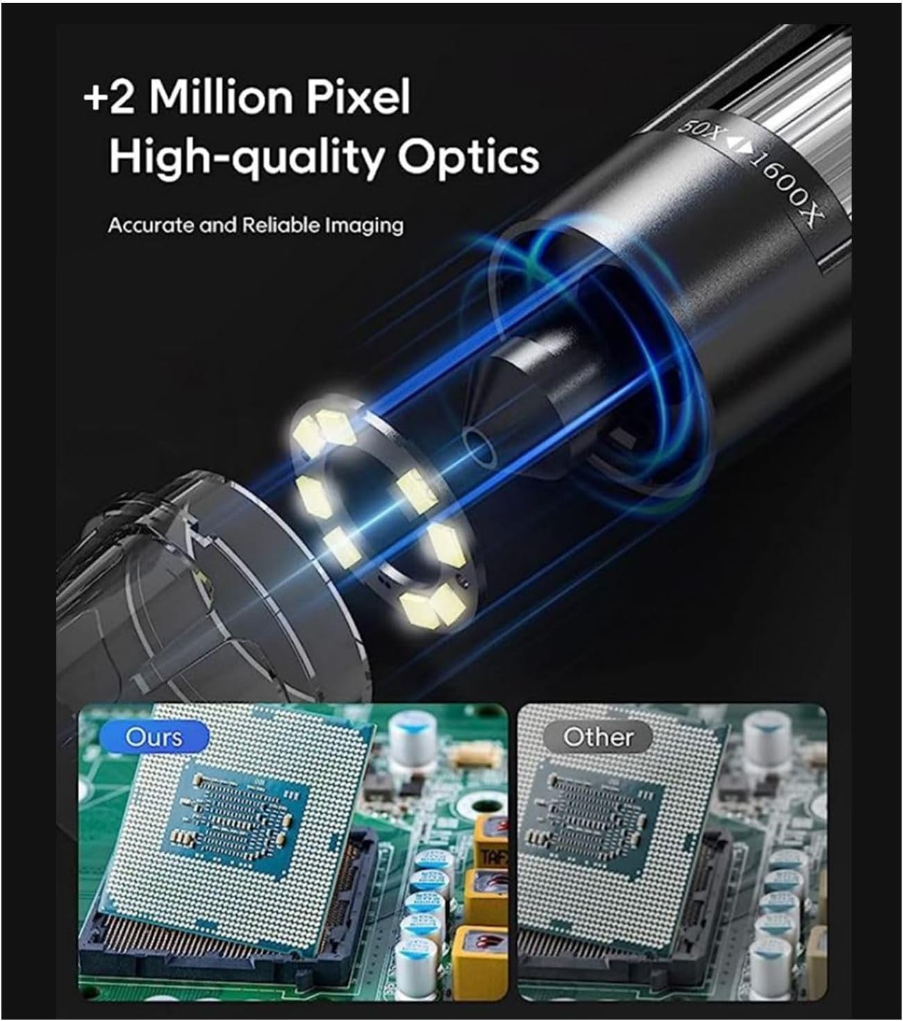 USB Digital Microscope, 50X-1600X Magnification Handheld, 1920P HD 8 LED Lights,