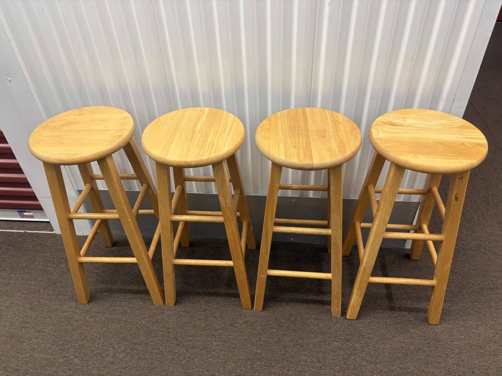Set of 4 Solid Wood Bar Stools 29” Height Round Seat Natural Finish Kitchen