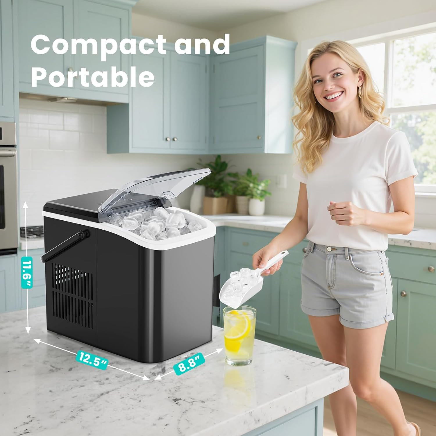 Ice Maker Machine with Handle,26Lbs in 24Hrs,9 Ice Cubes in 6 Mins,Auto-Cleaning