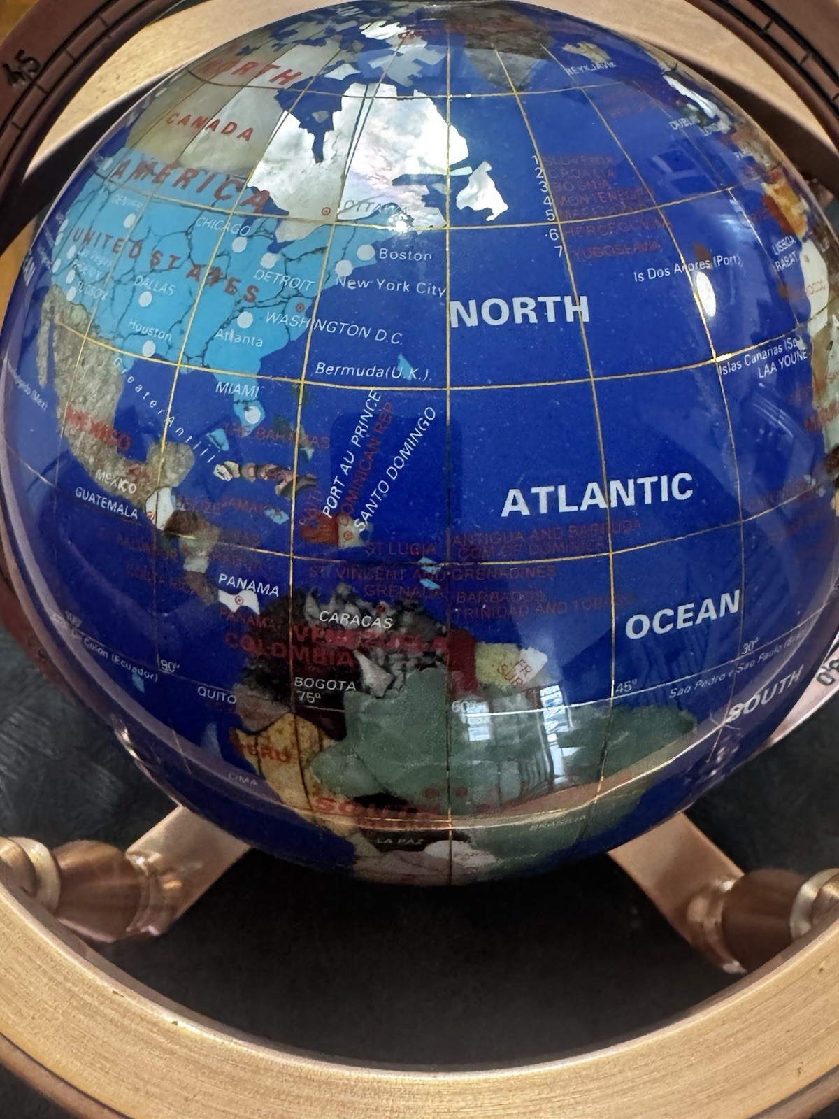Semi-Precious Gemstone Globe 9” In Copper Tone Stand with Compass