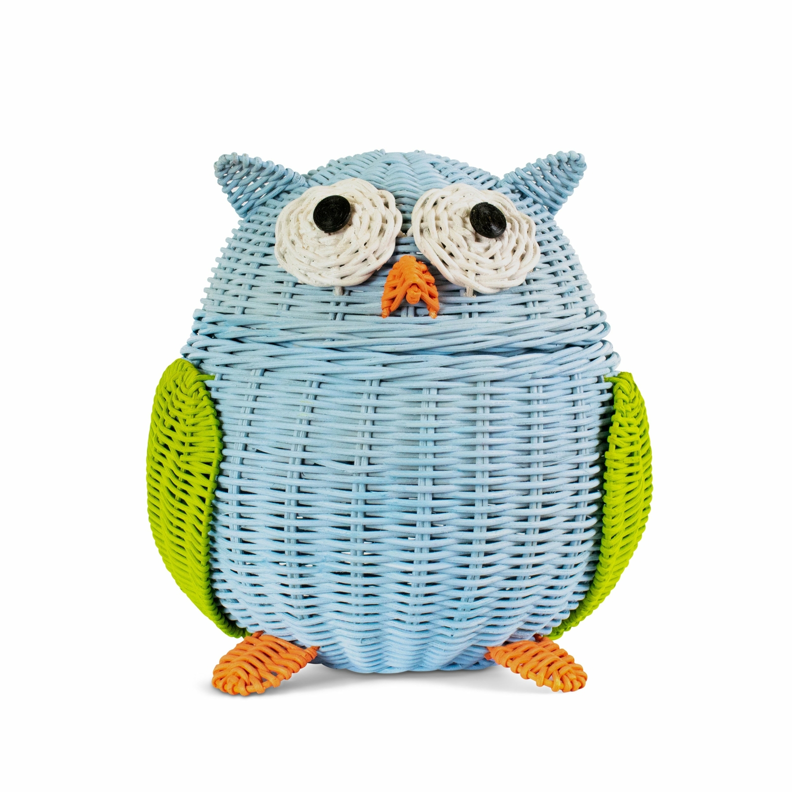Rattan Owl Hoot Storage Basket Storage Blue Hand Woven Organizer Wicker Decor