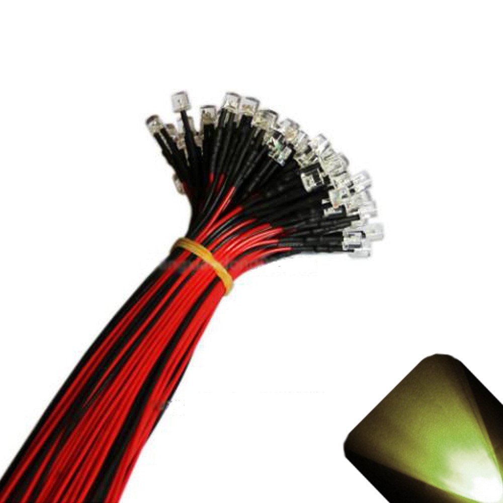 50 x 12v 5mm Flat Top Pre Wired Warm Soft White LED Wide Angle 14v 15v Prewired