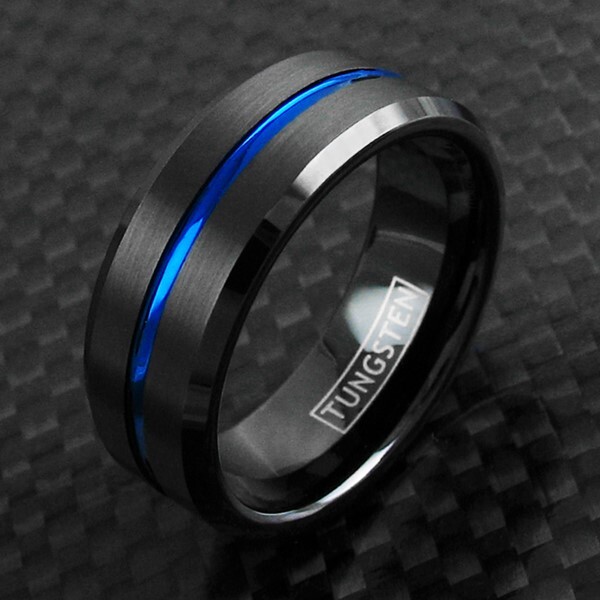 Personalized Engraved Black Tungsten Brushed Thin Blue Line Wedding Band Ring