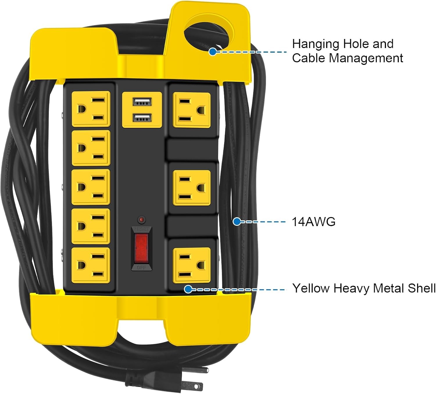 6 FT Black Power Strip with USB Workshop 8 Outlet Surge Protector Extension