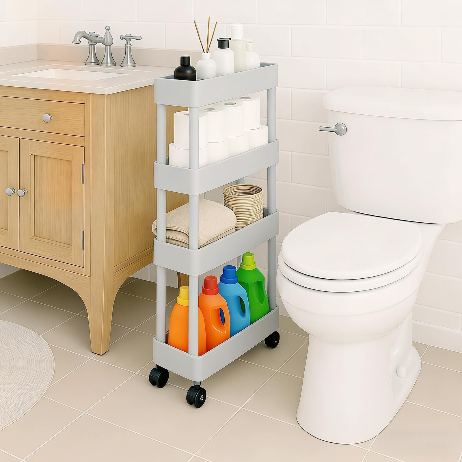 4 Tier Bathroom Storage Organizer, Slim Rolling Storage Cart for Narrow Space...