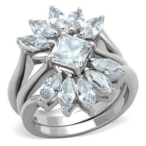 Women's Floral Cluster Ring Set, Clear CZ, Stainless Steel, Sparkling, Elegant