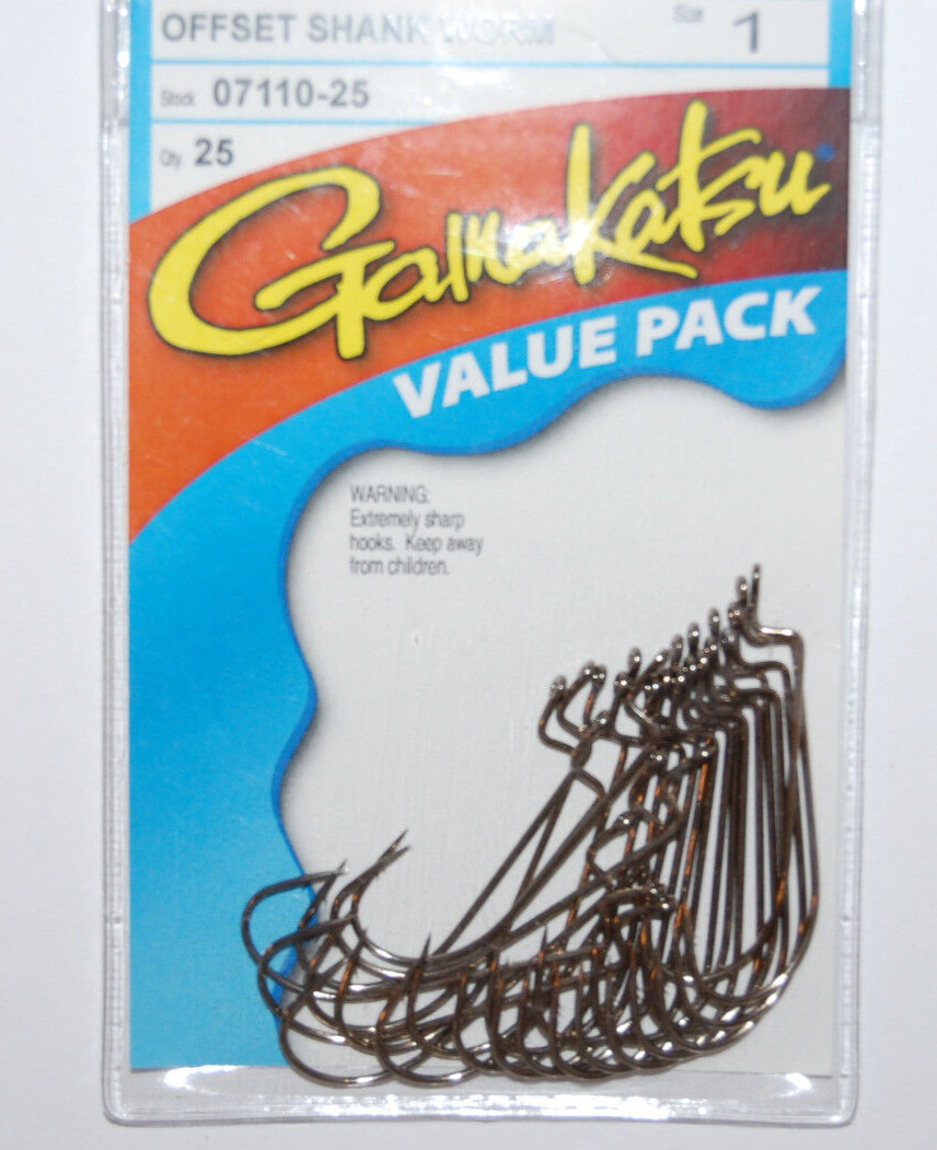 gamakatsu offset shank worm hook size 1 hooks 07110-25 value pack bronze