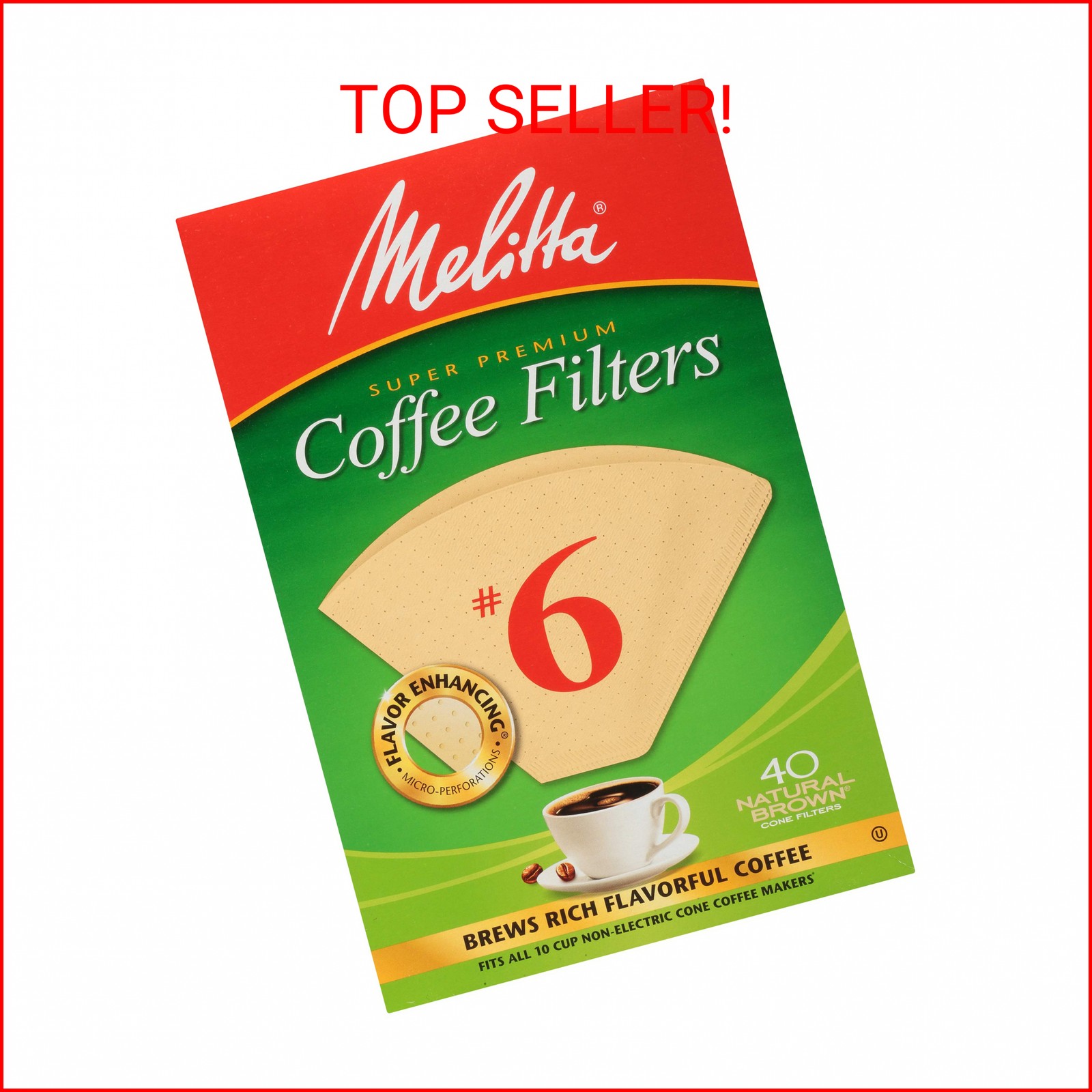 Melitta #6 Cone Coffee Filters, Unbleached Natural Brown, 40 Count (Pack of 12)