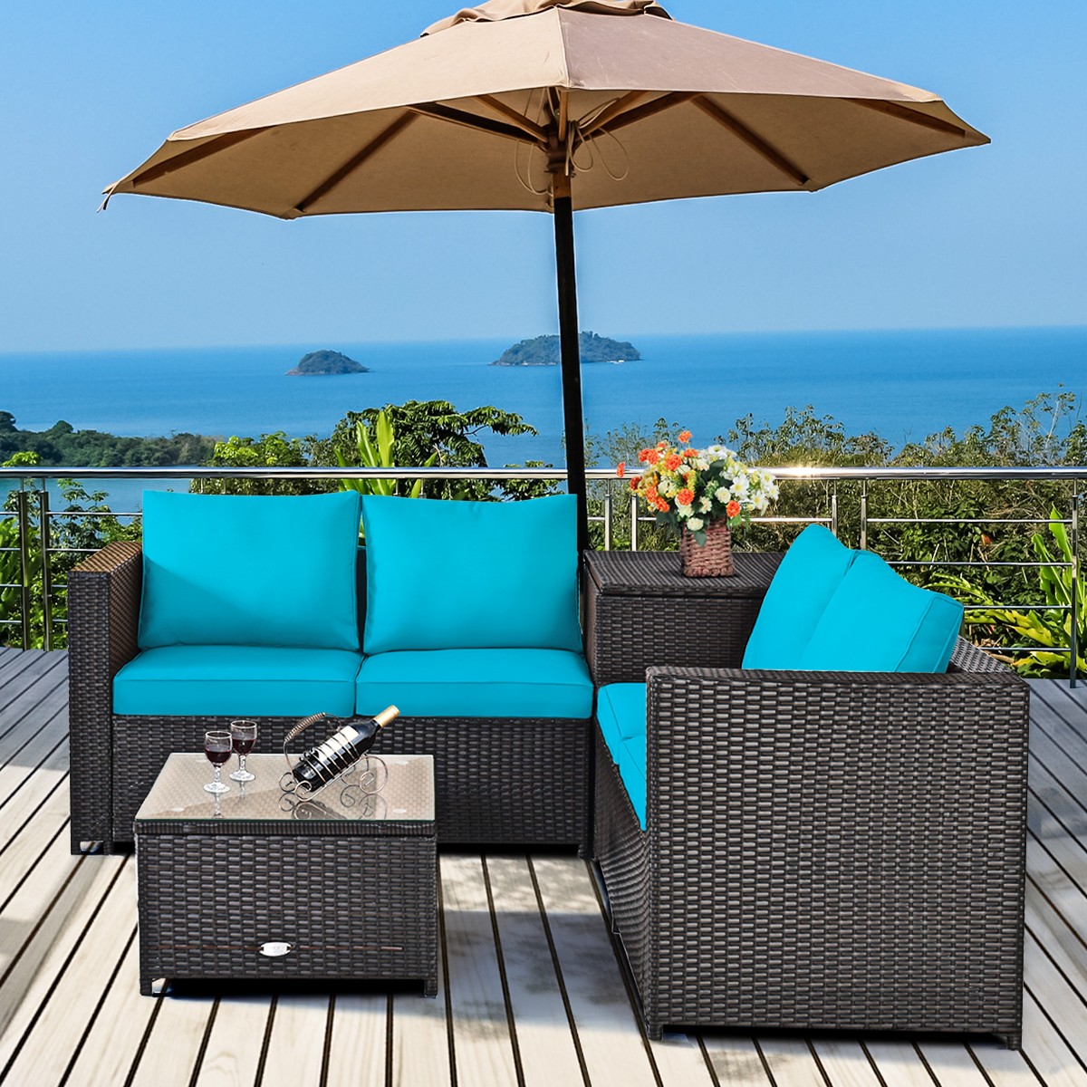 8PCS Outdoor Patio Rattan Furniture Set Cushion Loveseat Storage Table Turquoise