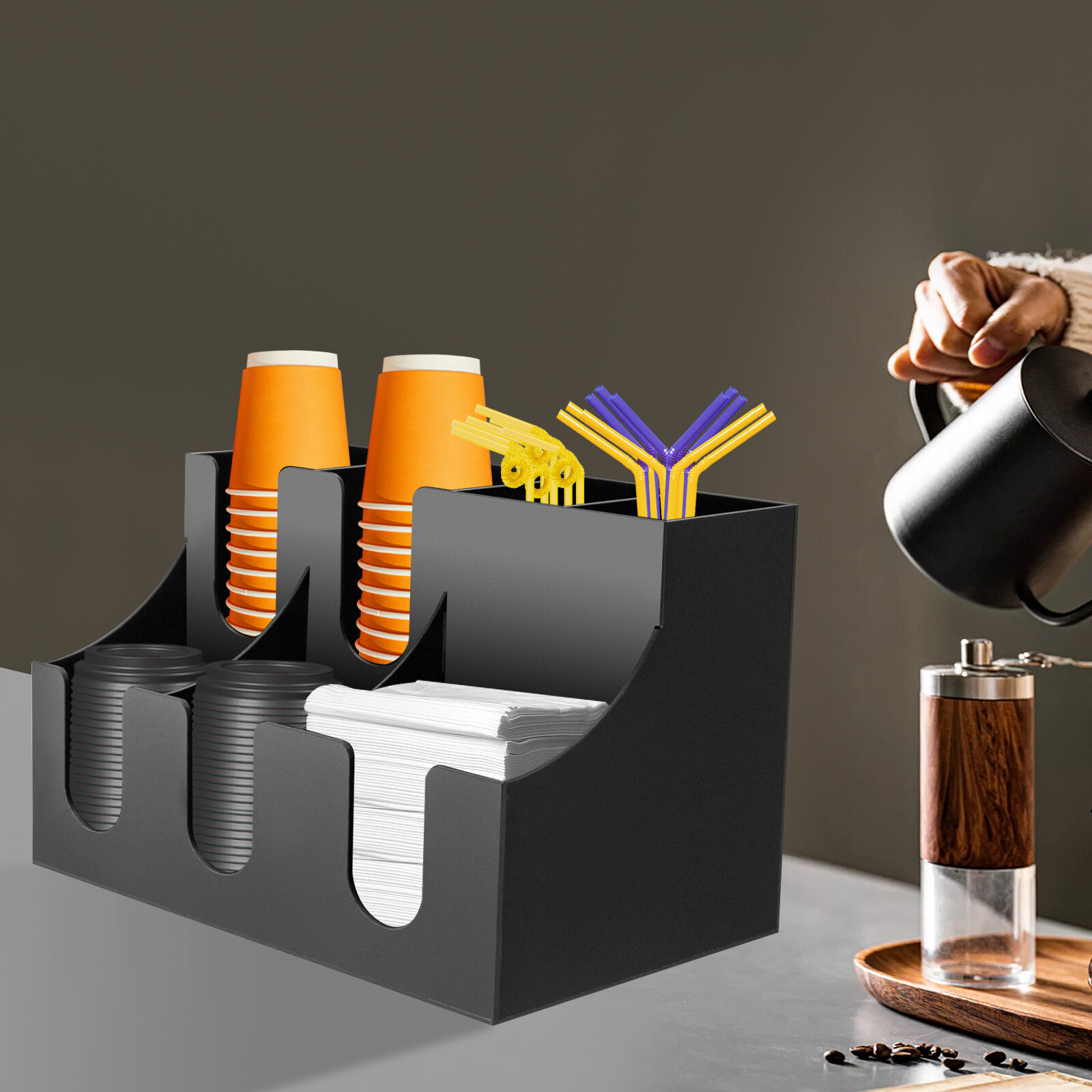 Cup Lid Dispensers Holder Acrylic Coffee Caddy Rack Anti-slip Tea Condiment Rack