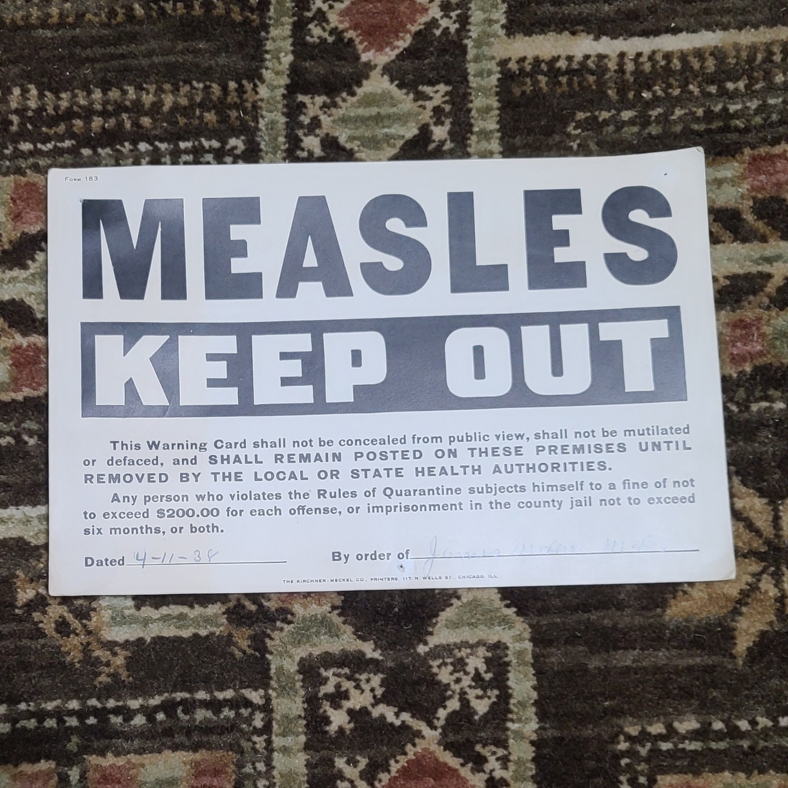 Vintage Measles Quarantine Warning Paper Sign 1938 Form 183 MD Signed Keep Out