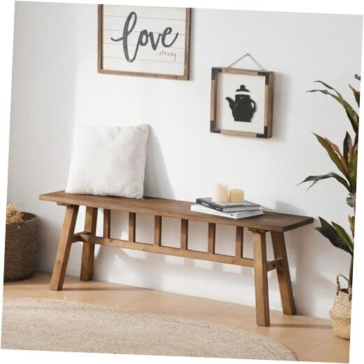 Solid Wood Bench, Farmhouse Rustic Entryway Bench Seat for Dining Room, 51.2"