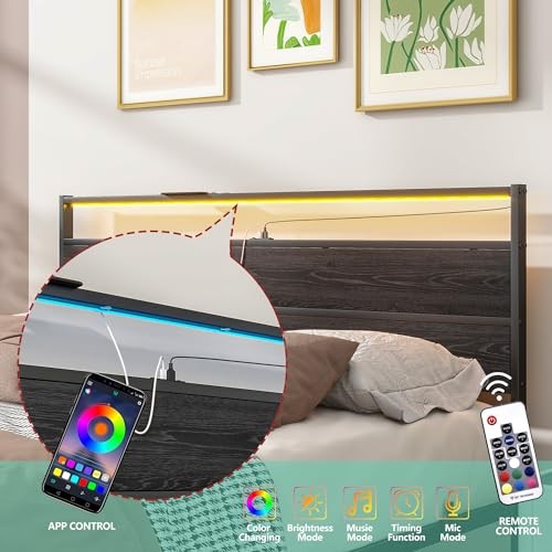 Bed Frame,Size Metal Platform Bed Frame with Storage & LED Light Queen Black