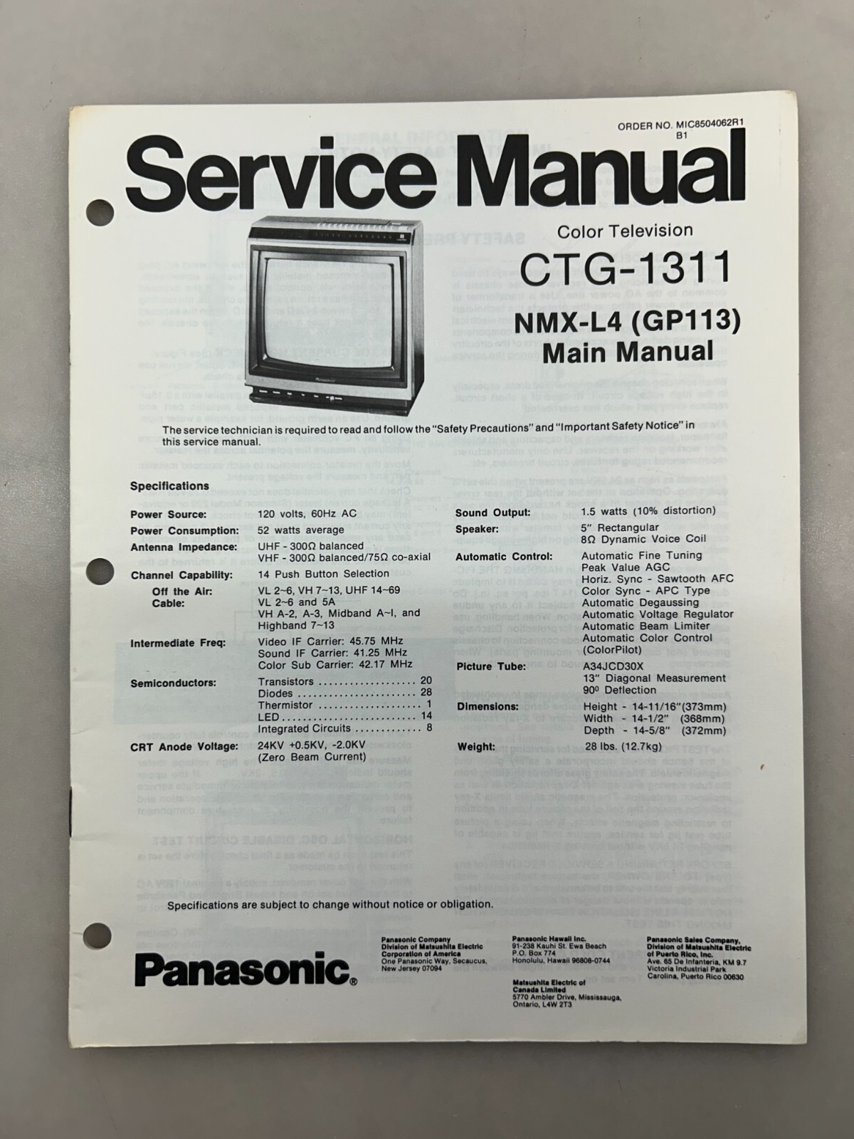 Panasonic CTG-1311 Original Service Manual Free Shipping