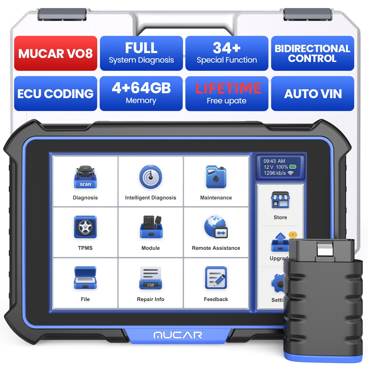 Newest MUCAR VO8 Key All System Diagnostic OBD2 Scanner 34+ Services Action Test