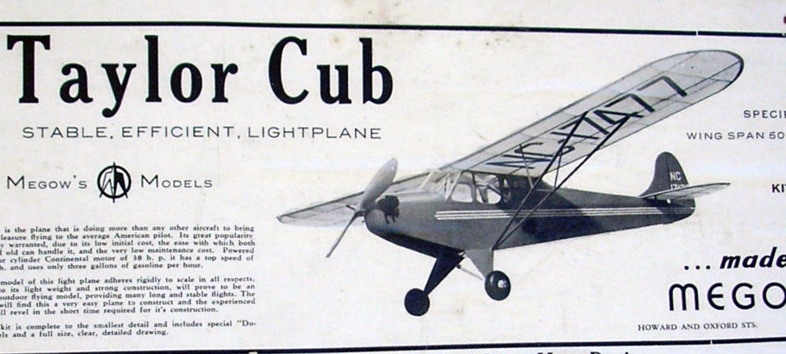 Megow TAYLOR CUB J-2 PLANS + PATTERNS for a 50" FF or RC Model Airplane