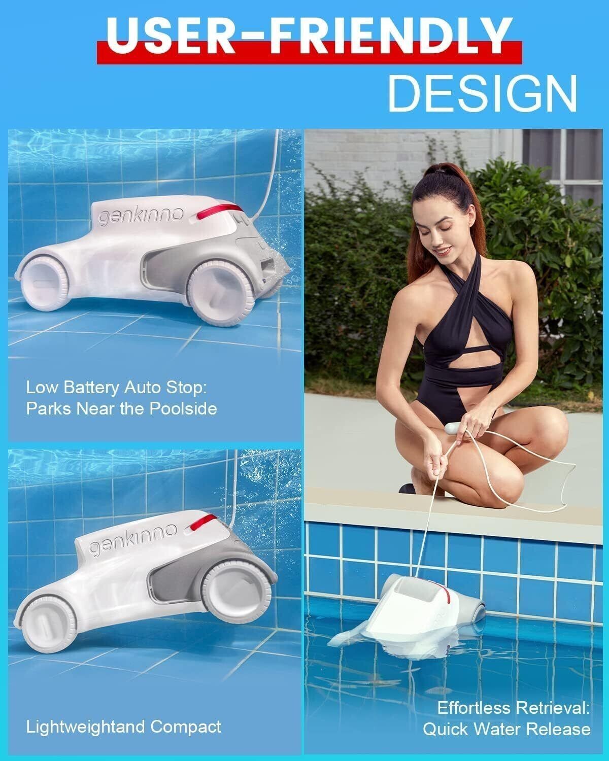 GENKINNO Pool Cleaner Cordless Robotic Pool Cleaner ~ Smart Navigation
