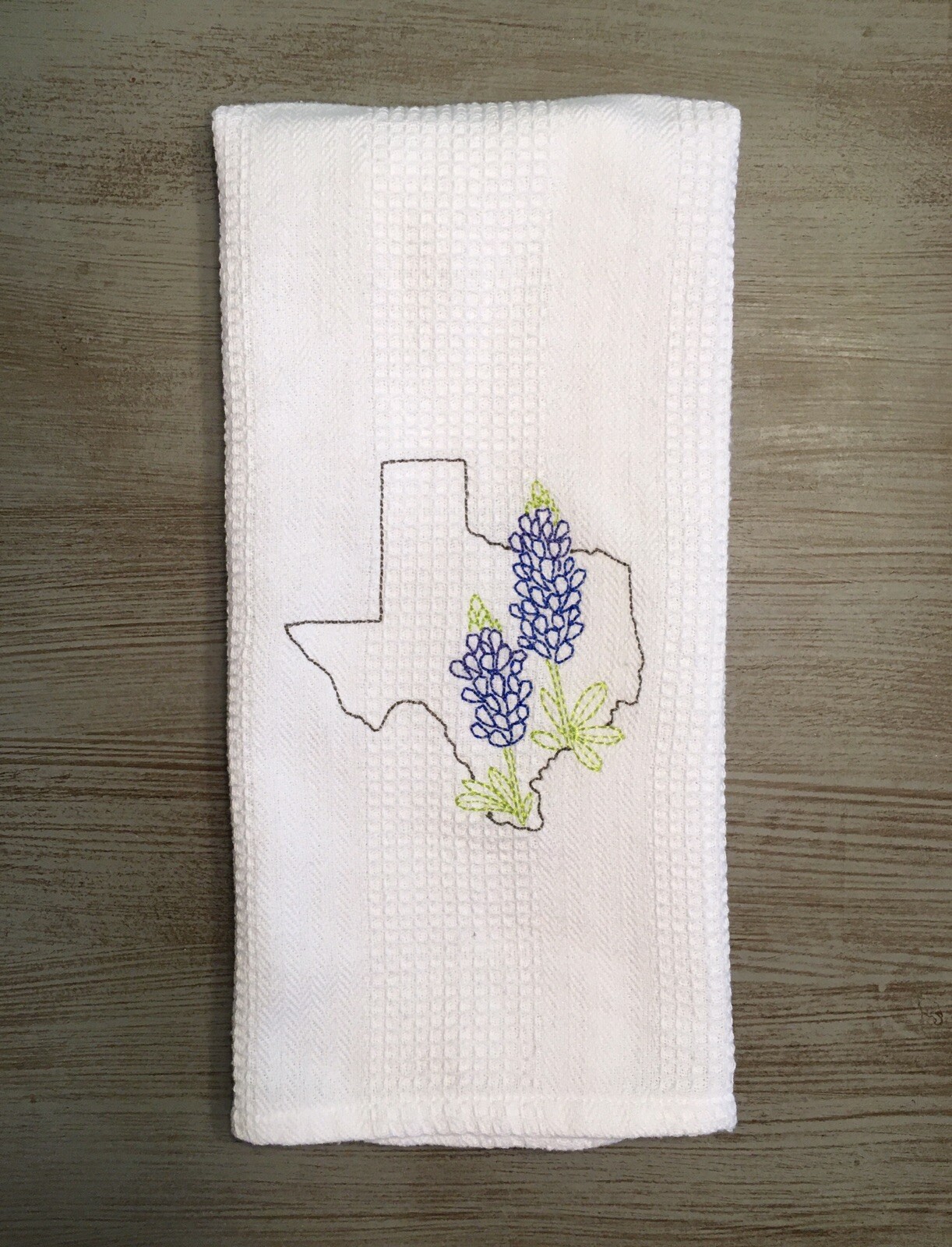 Embroidered Texas Bluebonnets Lupine  Flowers on White Cotton Kitchen Dish Towel