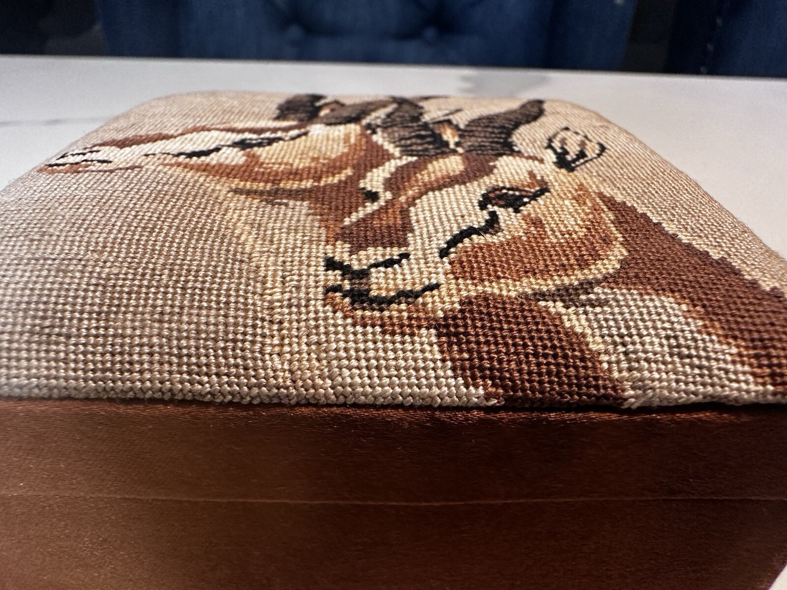 Vintage Tapestry Satin Antelope Trinket Box 4" Wide 2" Tall Hand Made