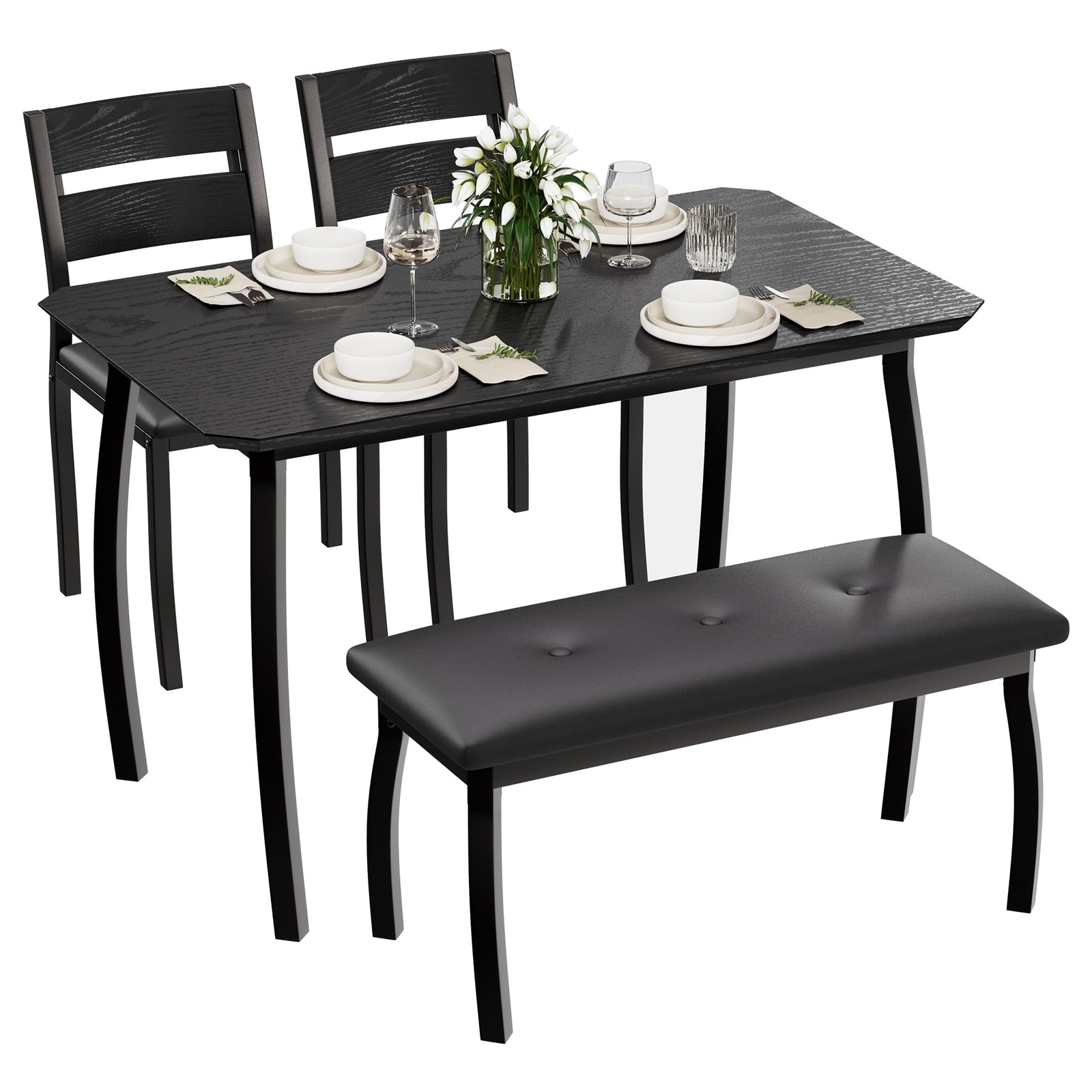 43 Inch 4 Piece Kitchen Table Set with Bench & 2 Cushion Chairs for Small Studio