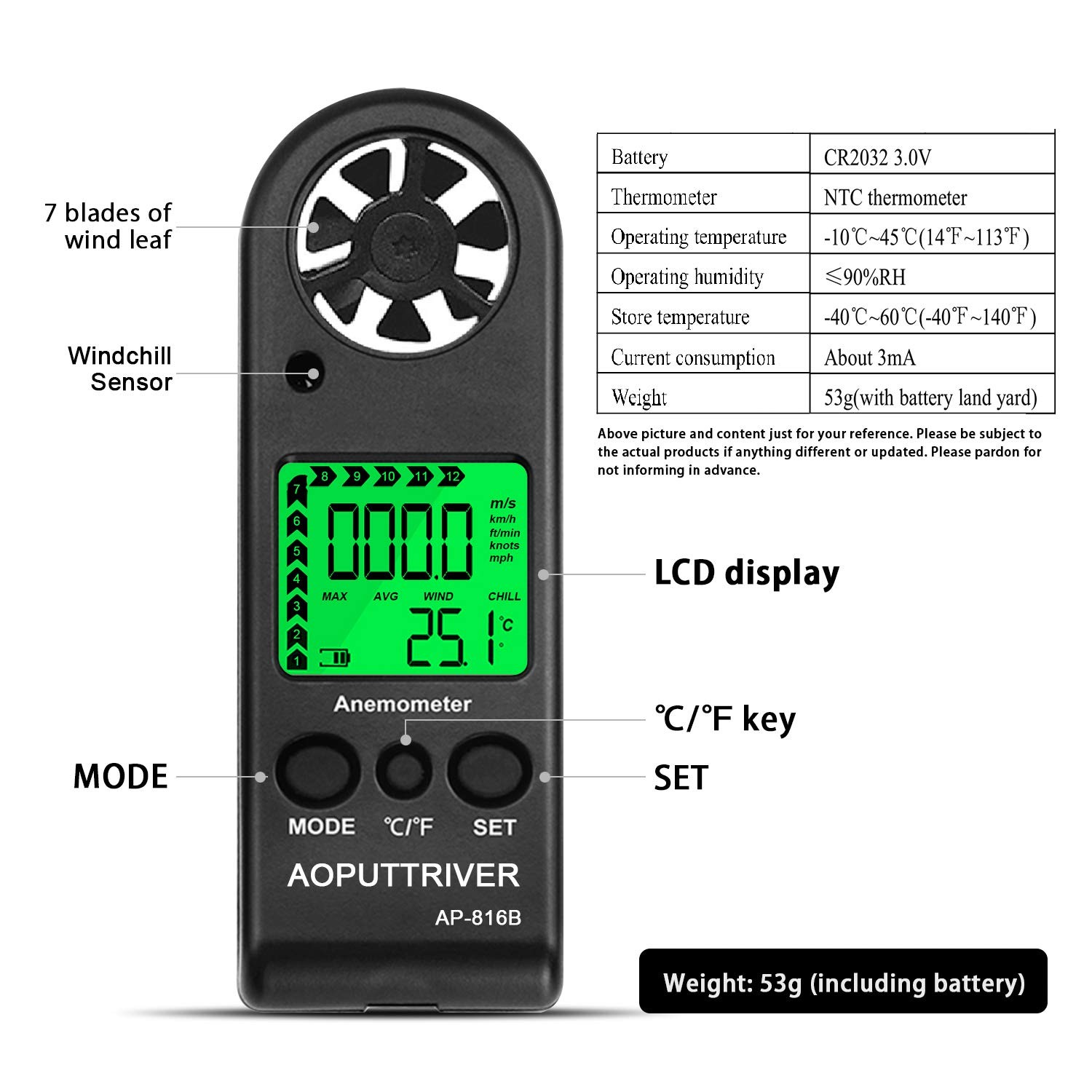 Anemometer Handheld Wind Speed Meter For Measuring Wind Speed Temperature And Ma
