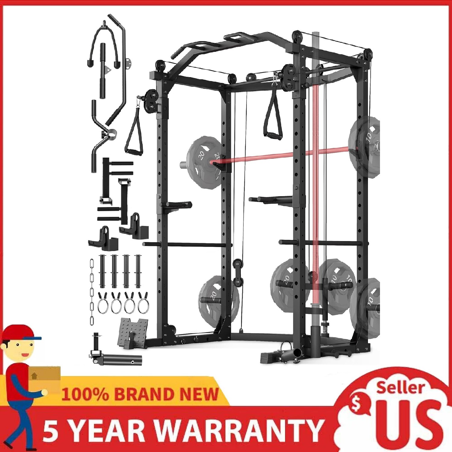 Power Cage 2000lbs Multi-Function Squat Rack w/ Pulley Cable System for Home Gym